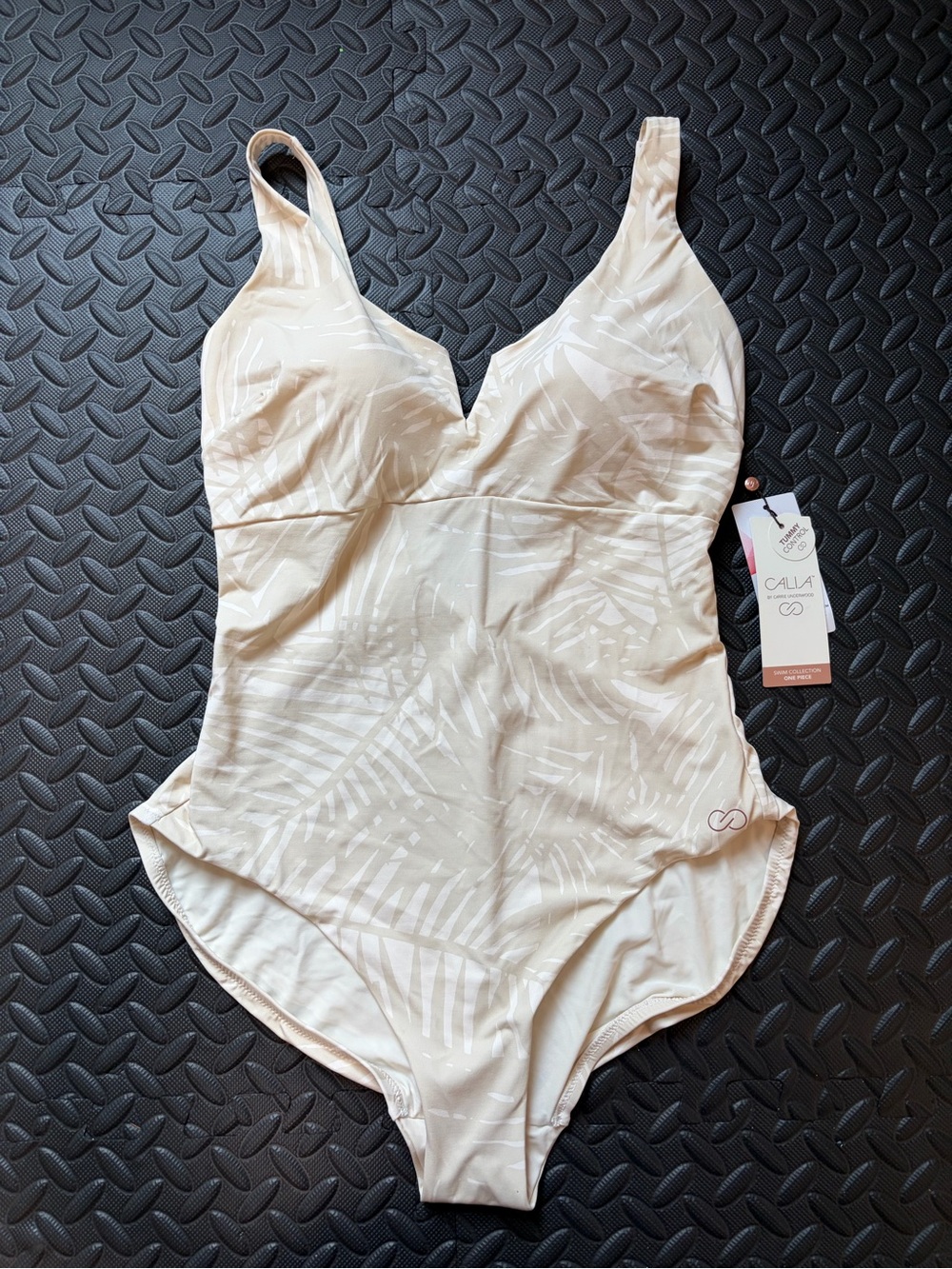 NWT CALIA Tummy Control One Piece V-Notch Swimsuit Painted Palms Birch 10